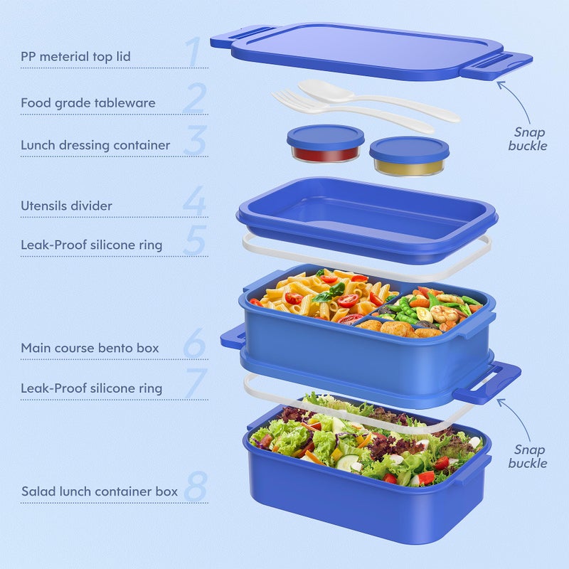 Jelife Adult Bento Lunch Box - 3 Layers Stackable Bento Lunch Box for Adults  72oz Large All-in-One Bento Box Leak-Proof Lunch boxes with Utensil Sauce Containers  Ideal for Dining Out Work  Blue - Image 4